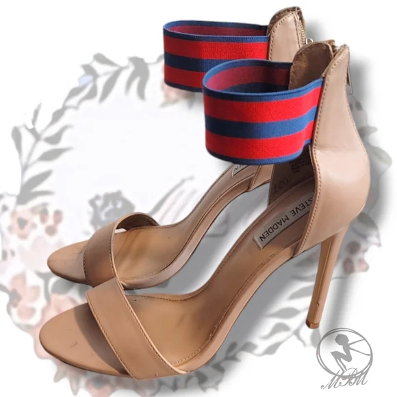 💕 Steve Madden "Paradise" Red and Blue Stripe Elastic Band Nude Heels size 10m - Picture 6 of 6
